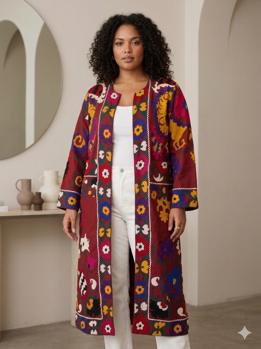 Vintage 70s Afghan Hand Embroidered Duster Coat Boho Folk Art Festival